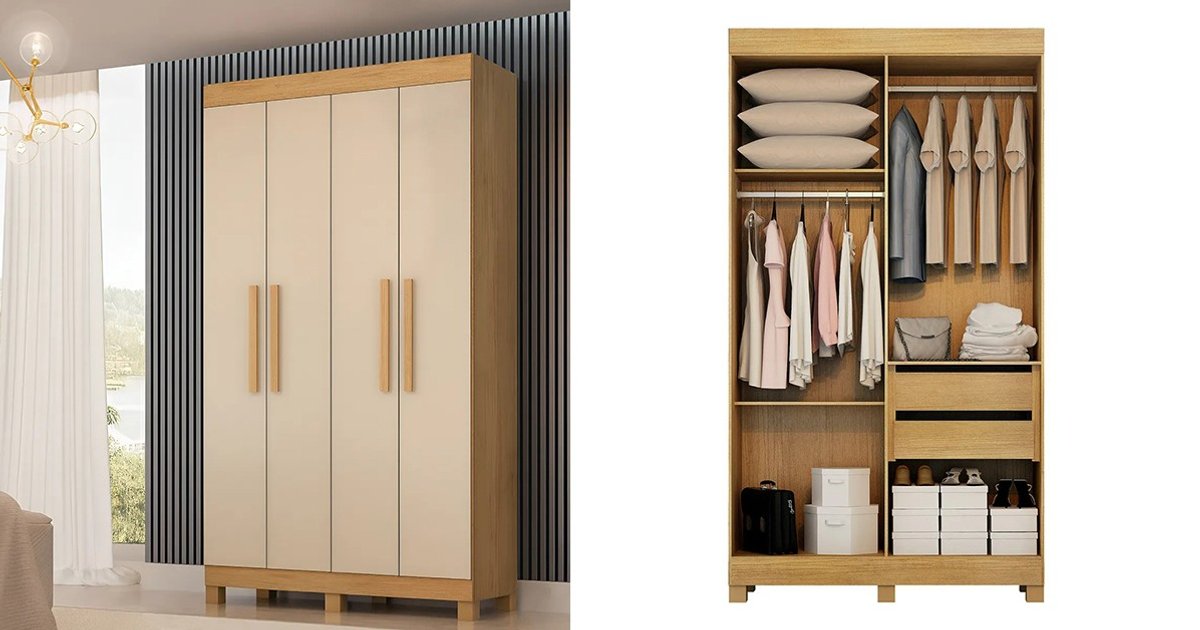 Guarda-Roupa Quero Quero Solteiro 4 Portas 2 Gavetas MDF